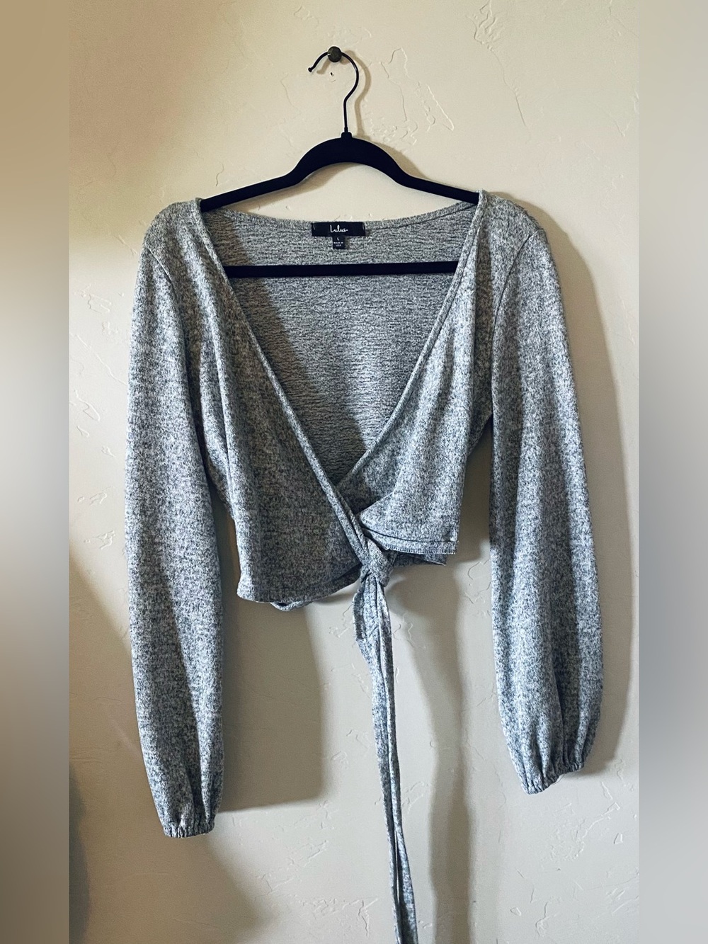 Lulu's Light Heather Gray Wrap Around Front Tie V-Neck Sweater